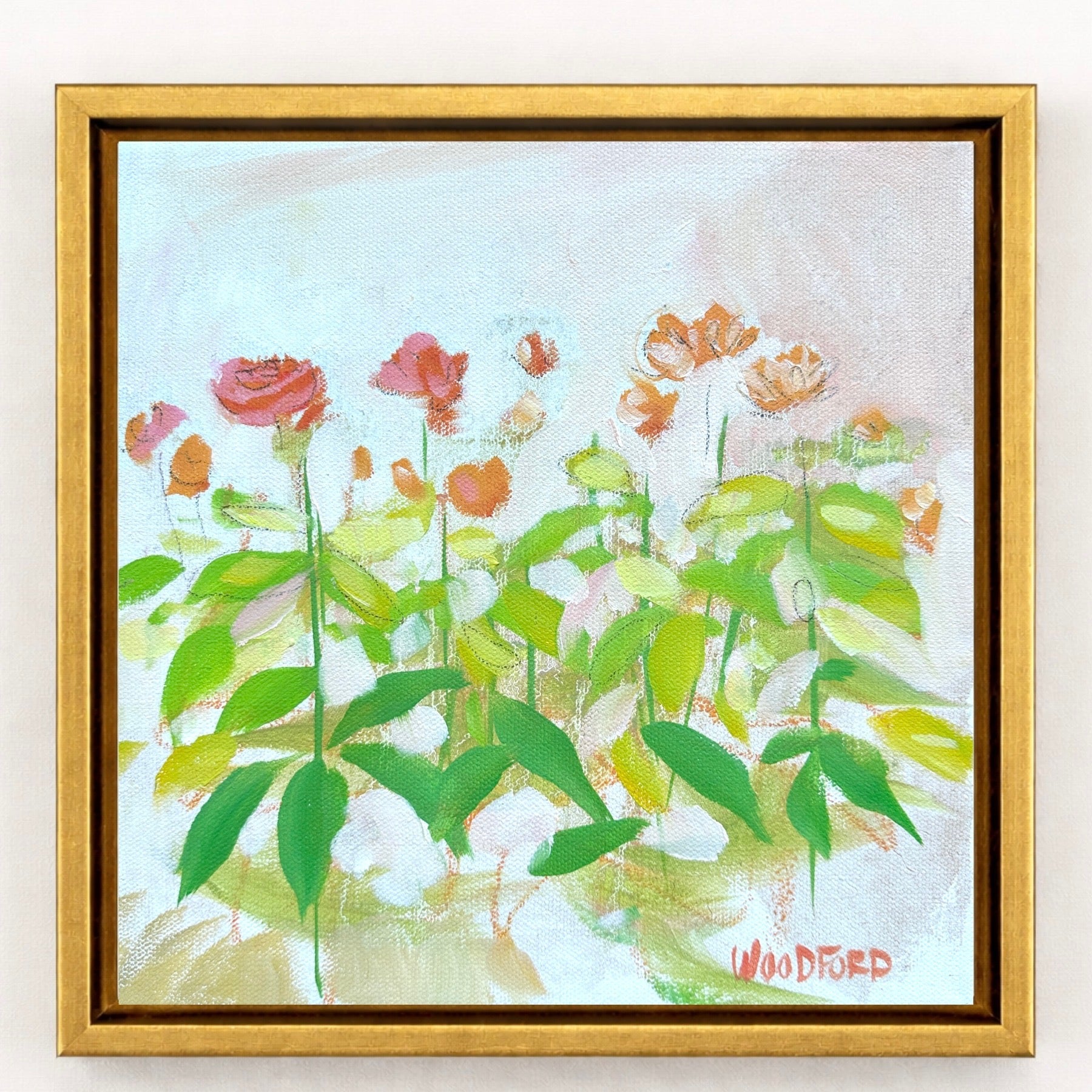 Oil on canvas painting of orange and pink flowers in gold frame, signed Shannon Woodford.