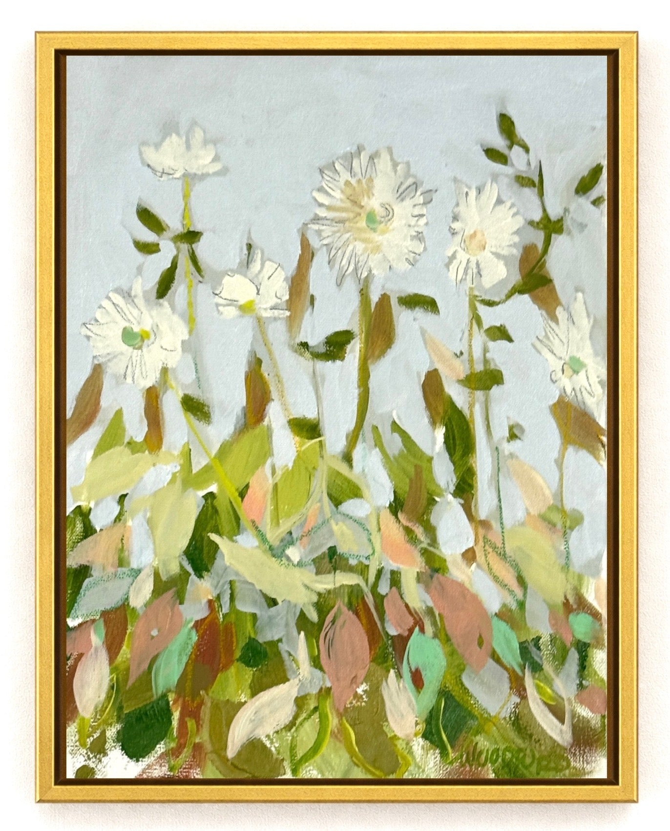 A framed Shannon Woodford oil painting of white flowers and green stems on a pale blue background.