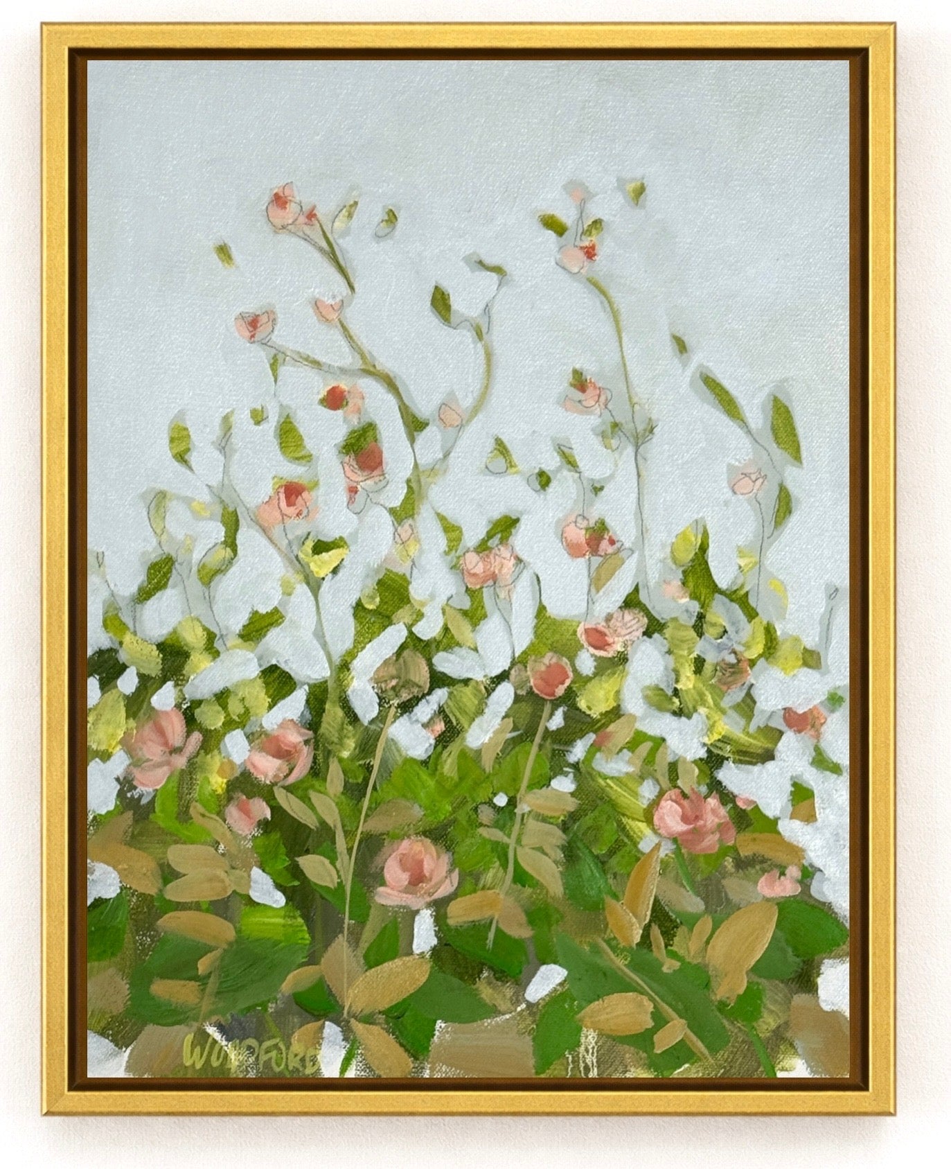 A modern floral art piece by Shannon Woodford featuring pink flowers and green leaves on a light impressionist background.
