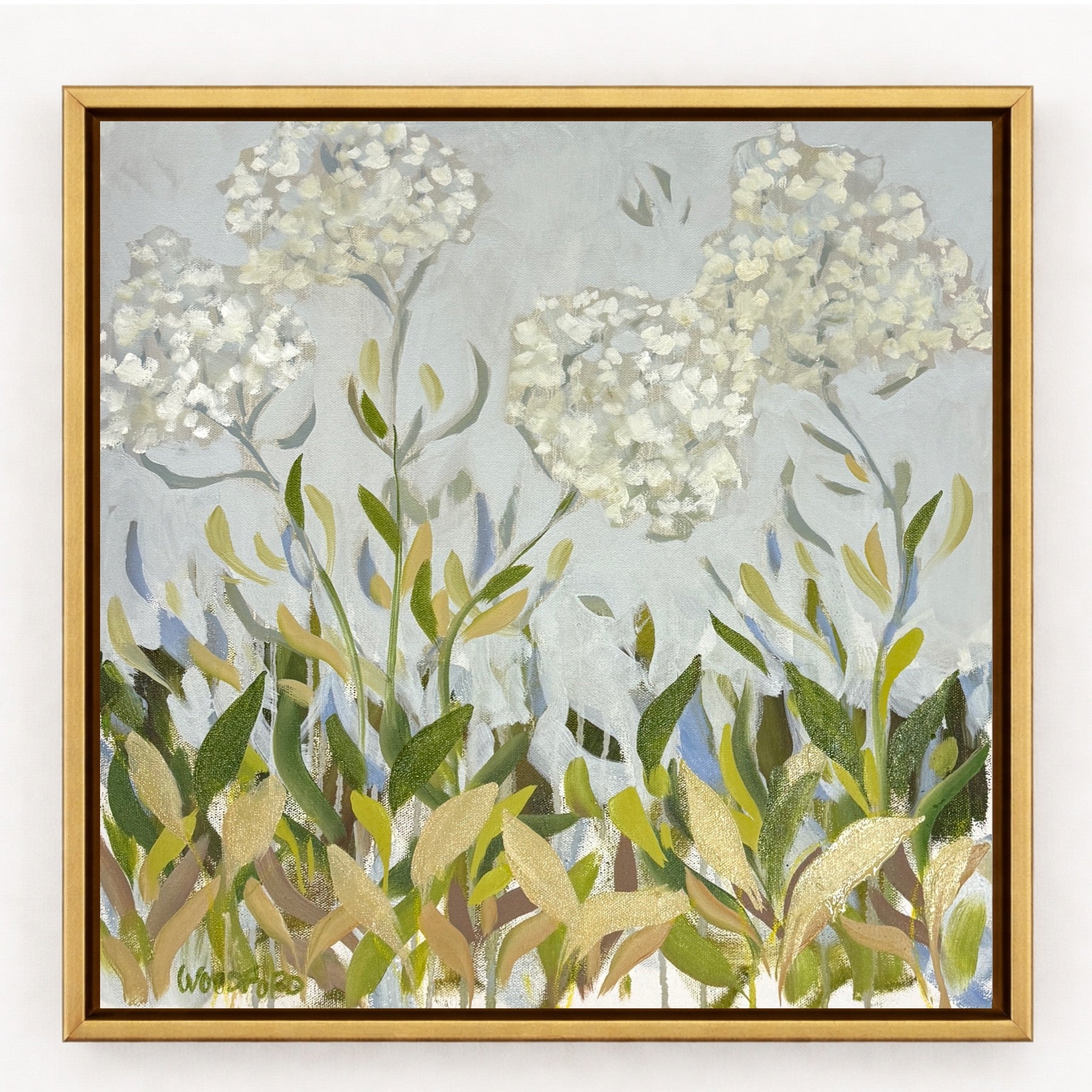 Shannon Woodford modern oil painting of white hydrangeas and green foliage on a soft light gray background.