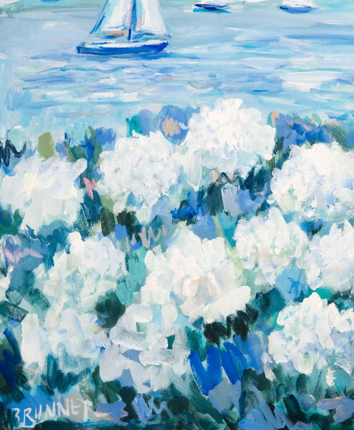 Michelle Brunners impressionist summer hydrangeas art features white flowers and sailboats on blue Lake Erie.