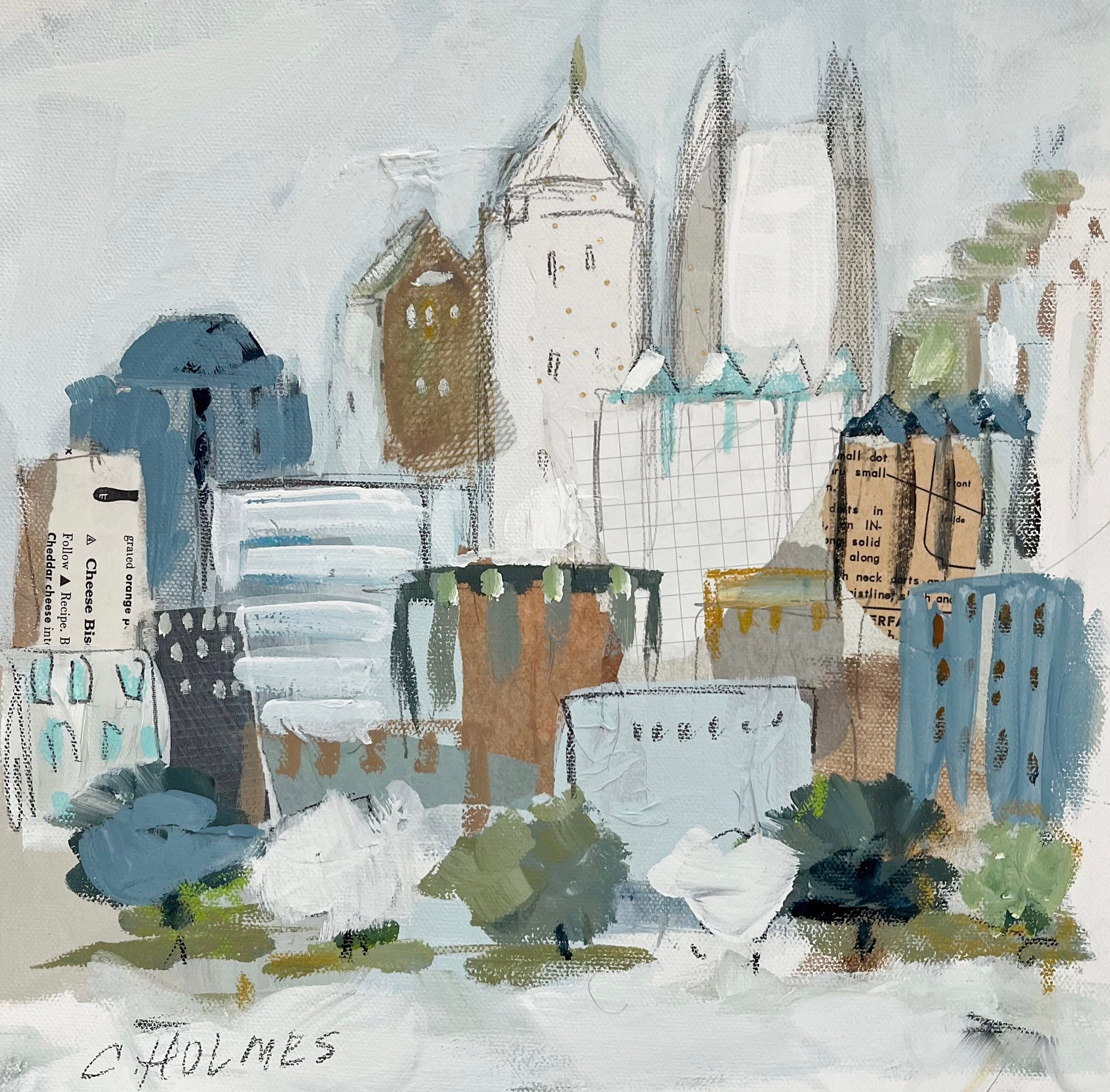 Christy Holmes abstract painting of Atlanta’s skyline with trees, tall buildings, and clouds on 12x12 canvas.