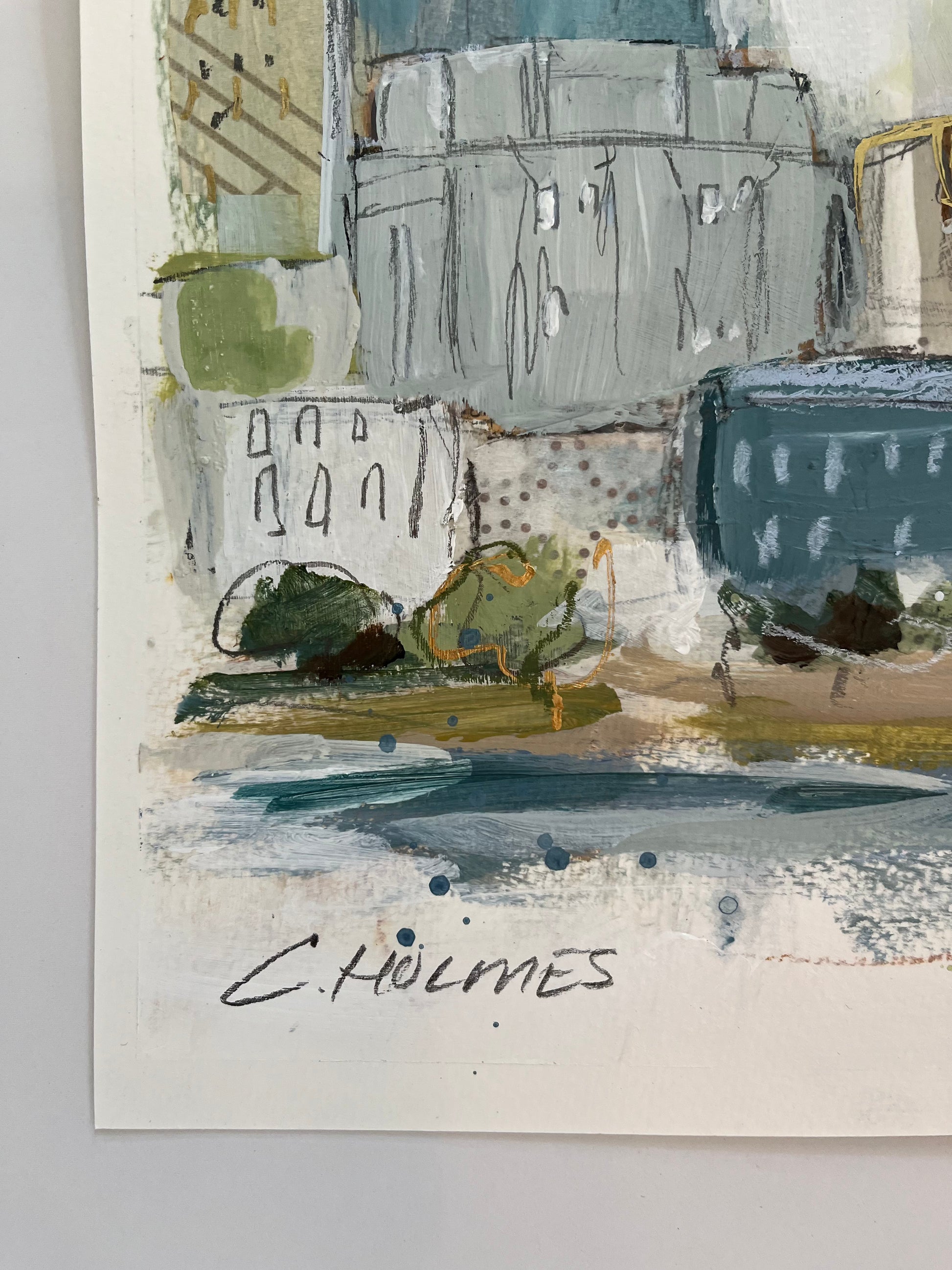 Christy Holmes 9x12 acrylic on paper, abstract buildings with greenery, signed at bottom.