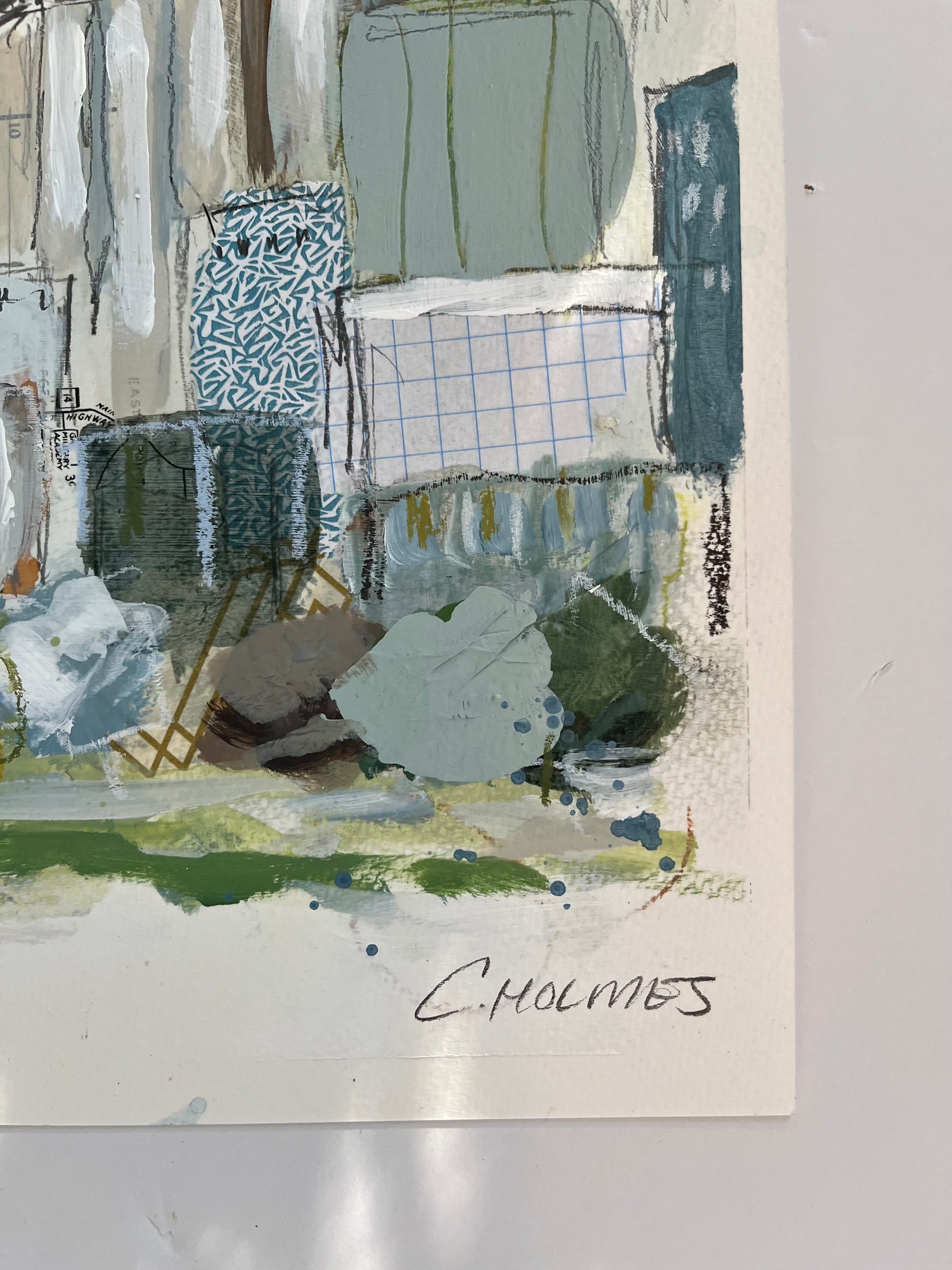 Abstract mixed-media art by Christy Holmes on 9x12 paper in green, blue & neutrals, signed bottom right.