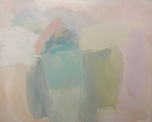 Andrea Lane Ainsworth acrylic with pastel green, blue, pink, yellow & white shapes blended on gallery canvas.