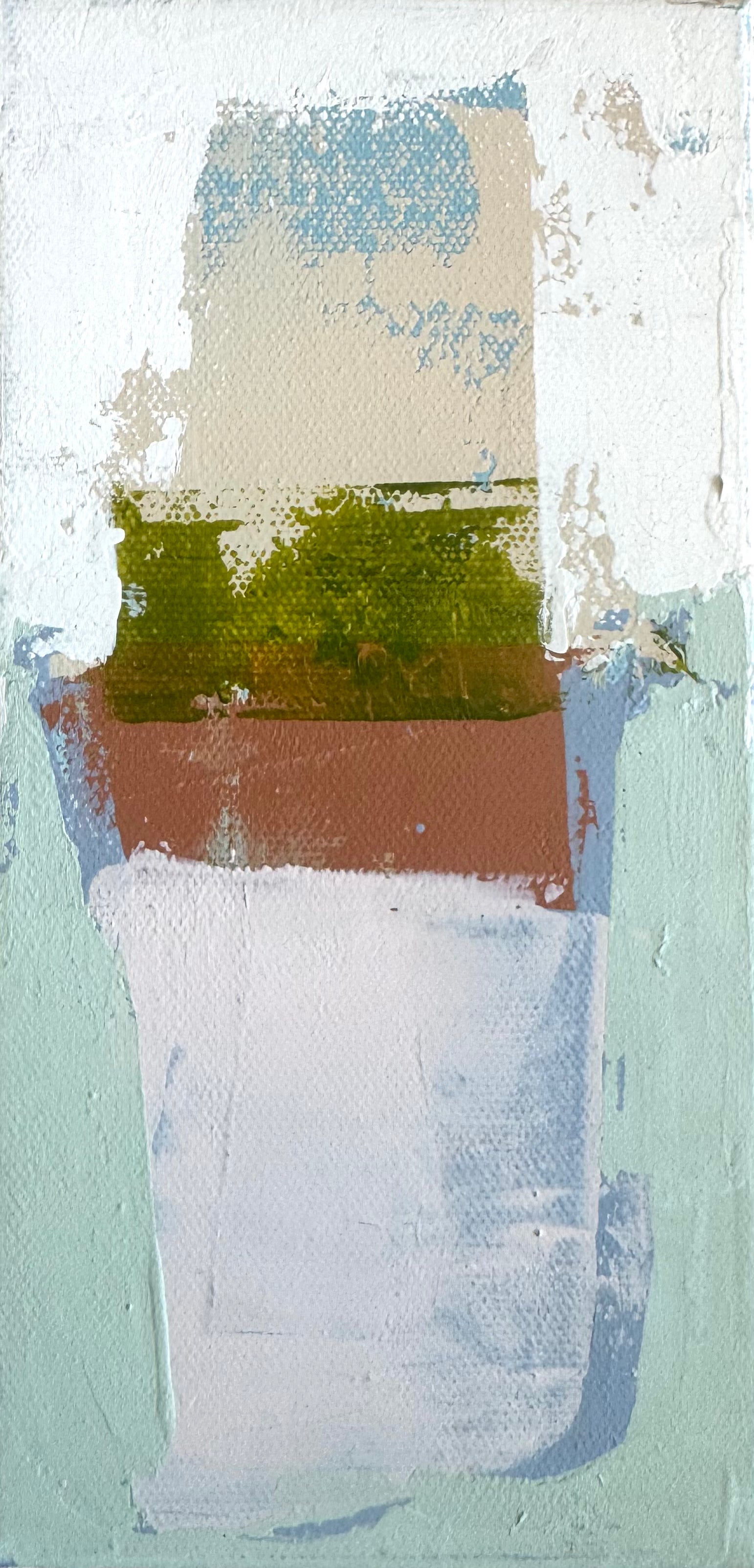 KP Art Collectives minimalist art showcases layered white, tan, green, and brown blocks in a Mediterranean potted plant style.