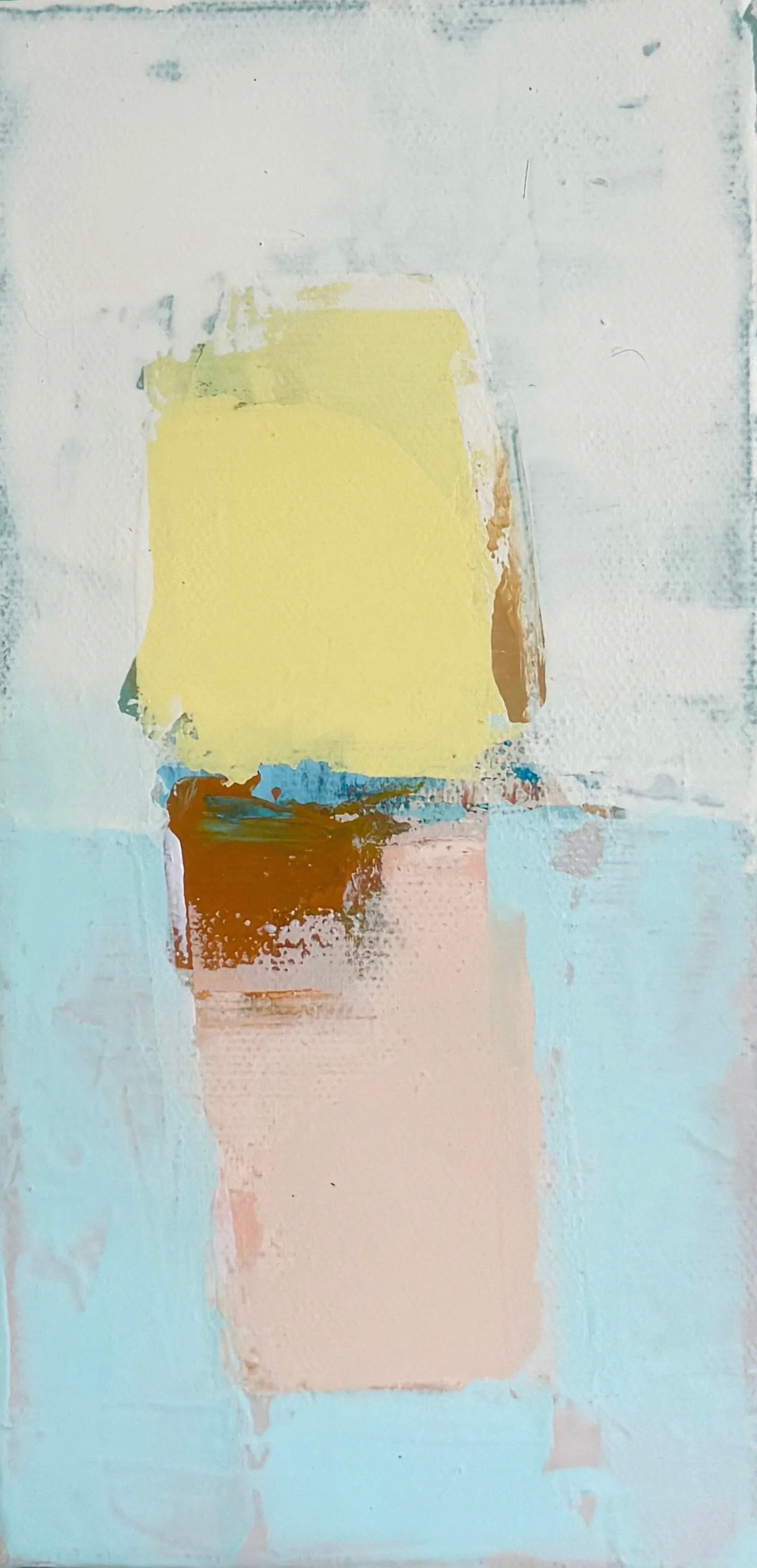 KP Art Collective’s minimalist piece: yellow square above brown and peach shapes on a light blue, Mediterranean-inspired background.