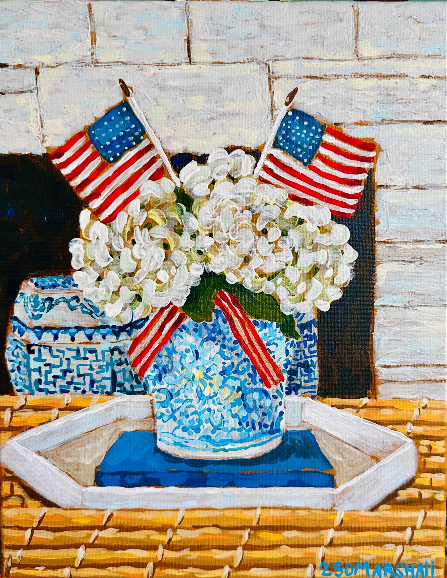 A blue vase with white flowers and two US flags—America 250 acrylic by Lauren Marshall Fine Art.