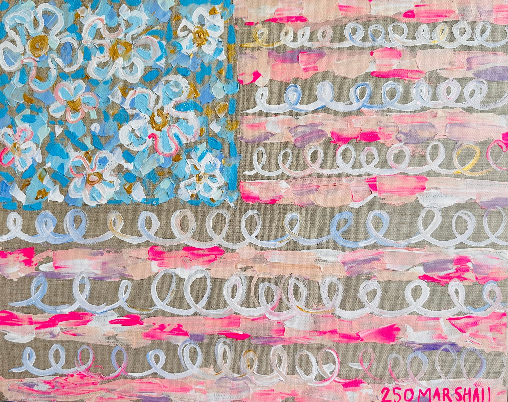 Lauren Marshall Fine Arts abstract American flag features pink, beige, white brushstrokes, floral stars, and swirling lines.