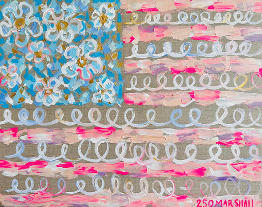 Lauren Marshall Fine Arts abstract American flag features pink, beige, white brushstrokes, floral stars, and swirling lines.
