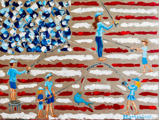 Six kids jump rope on a U.S. flag as a bluebird perches—an American Freedom art piece by Lauren Marshall Fine Art.
