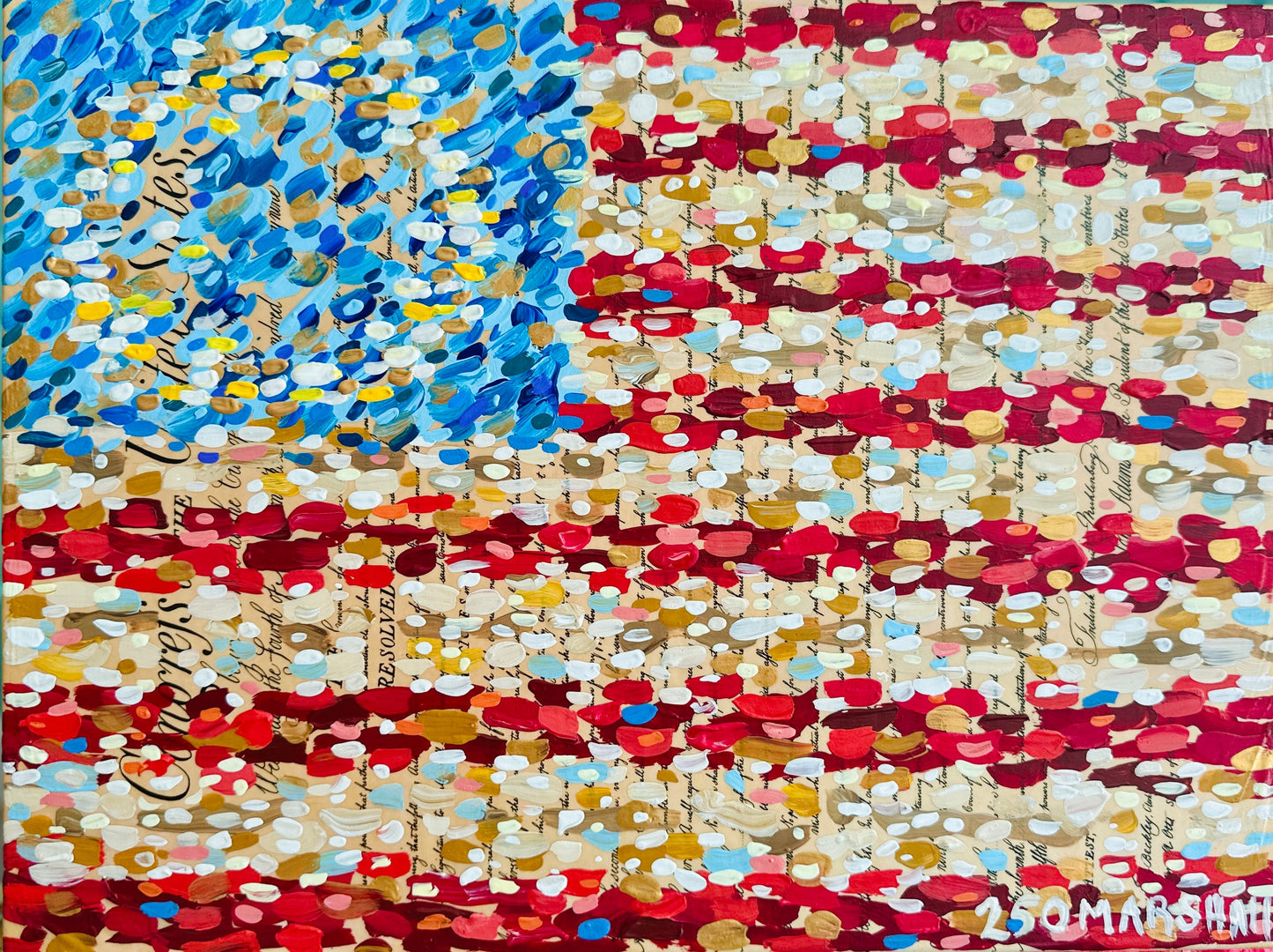 Abstract American flag art by Lauren Marshall Fine Art—red, white, blue & gold for July 4th or America 250 décor.