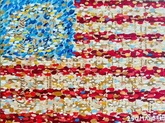 Abstract American flag art by Lauren Marshall Fine Art—red, white, blue & gold for July 4th or America 250 décor.