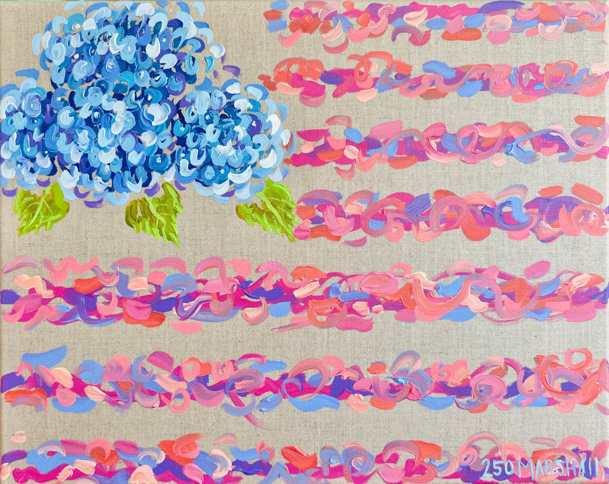 Lauren Marshall Fine Art: Acrylic painting of an abstract American flag with pink, purple, and blue hydrangea accents.