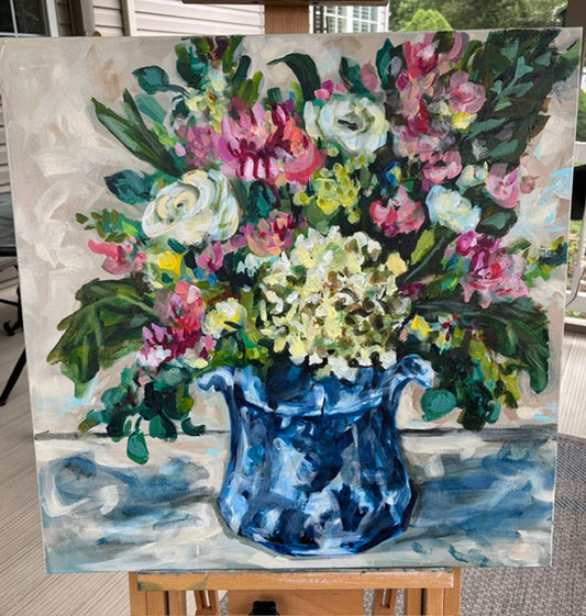 Catherine Husek floral painting, 24x24 gallery canvas, blue vase with pink, white & yellow flowers.