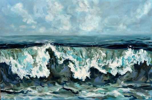 Catherine Husek oil painting: ocean waves under cloudy sky in blue, white & green on 24x36 gallery wrapped canvas.