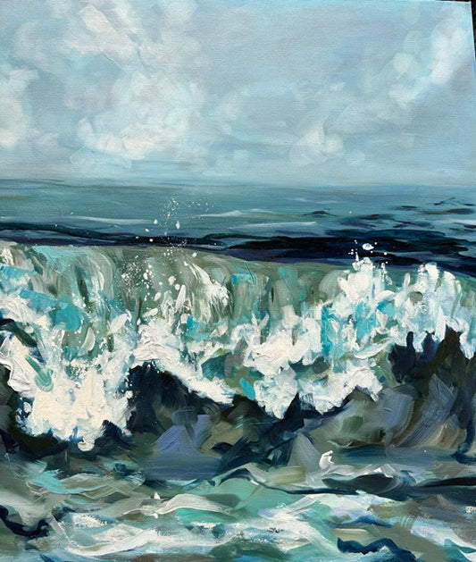 Catherine Husek ocean wave oil painting on 24x36 gallery canvas—blue, green splashes under a cloudy sky.