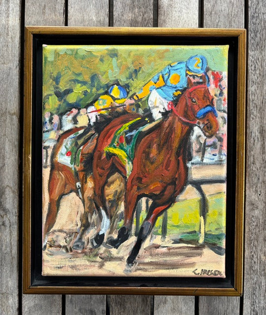 Catherine Husek oil painting: racehorses on track, crowd scene, dark wood frame—vibrant decor.