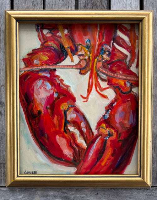 Catherine Husek oil painting: bright red lobster in gold frame, displayed on a wooden background.