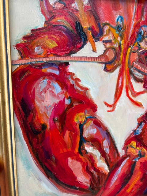 Catherine Husek oil painting of a red lobster claw, close-up with bold brushstrokes, in vintage gold frame.
