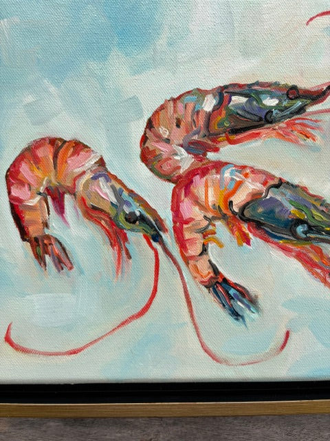 Two colorful abstract shrimp in oil on canvas by Catherine Husek, set against a light blue and white background.