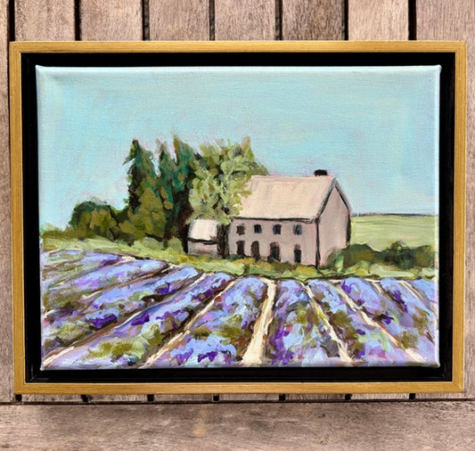 Framed Catherine Husek acrylic: farmhouse, trees, purple flower field under clear blue sky on canvas.