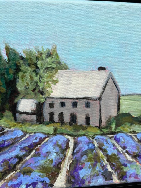 Catherine Husek acrylic on canvas: farmhouse, lavender fields, trees, blue sky, in gold float frame.