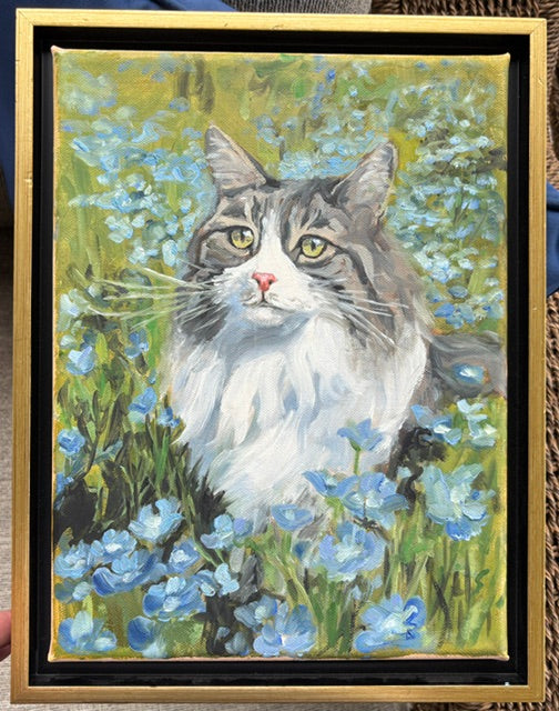 Catherine Husek oil on canvas: gray & white cat in blue flowers, green background, gold float frame.