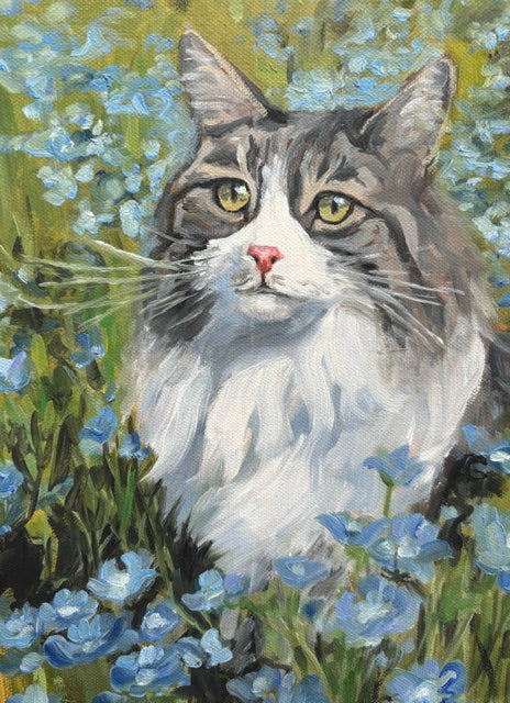 A long-haired cat with a pink nose in blue flowers; oil on canvas, gold float frame by Catherine Husek.