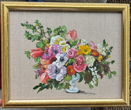 Catherine Husek framed oil painting: colorful flowers in a white vase on beige, vintage gold frame.