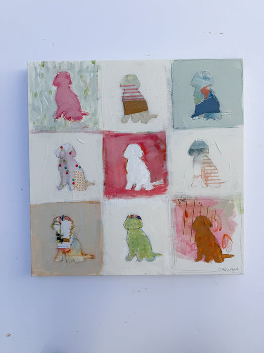A grid of nine mixed media paintings, each depicting a stylized doodle dog in a different color and pattern.