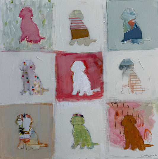 A grid of nine mixed media paintings, each featuring a stylized doodle dog in a different color, pattern, or collage style.