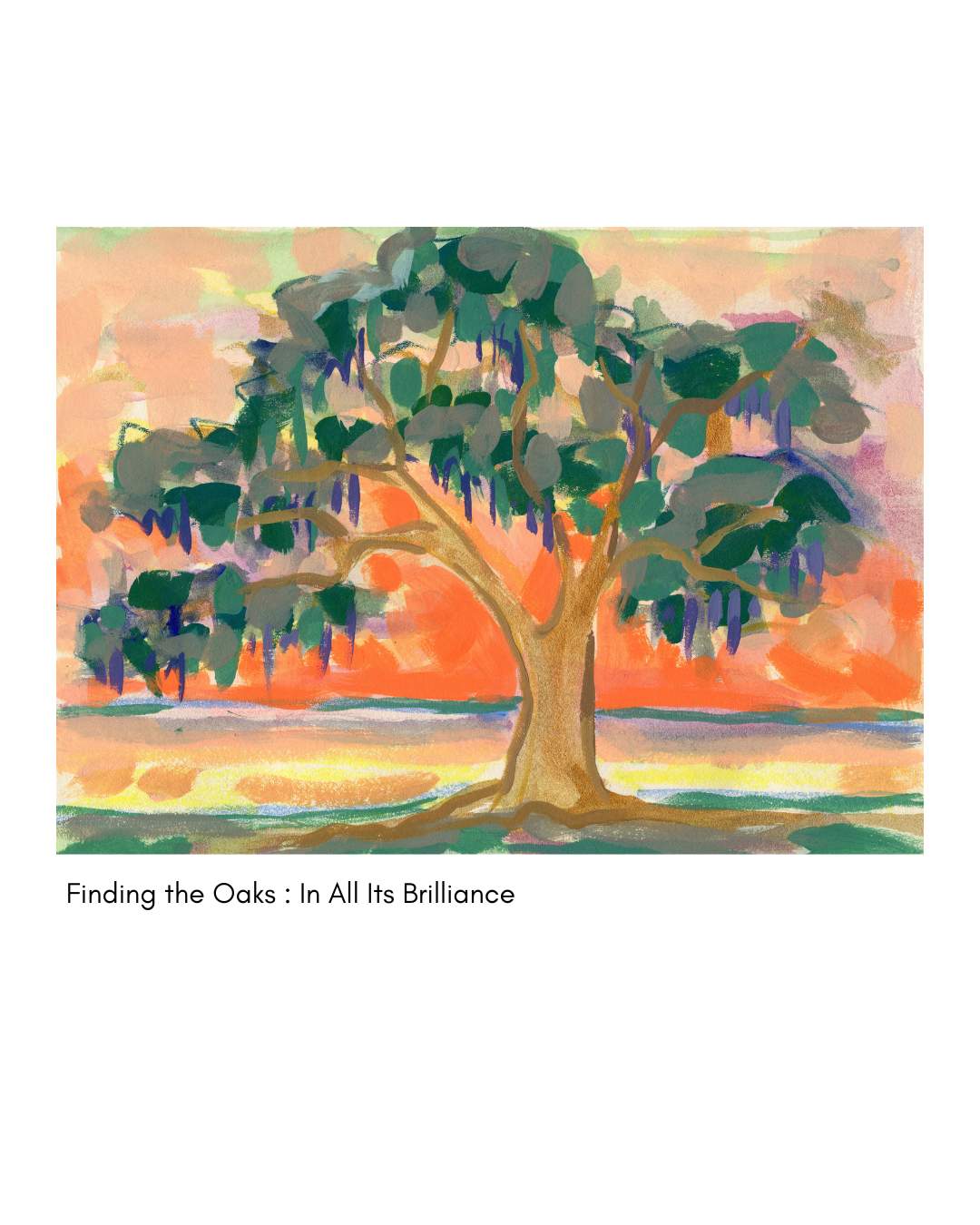 Original watercolor art of a live oak with moss at sunset; titled below, Elizabeth Sheats Art & Design.