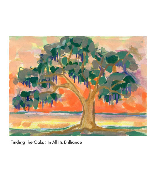 Original watercolor art of a live oak with moss at sunset; titled below, Elizabeth Sheats Art & Design.
