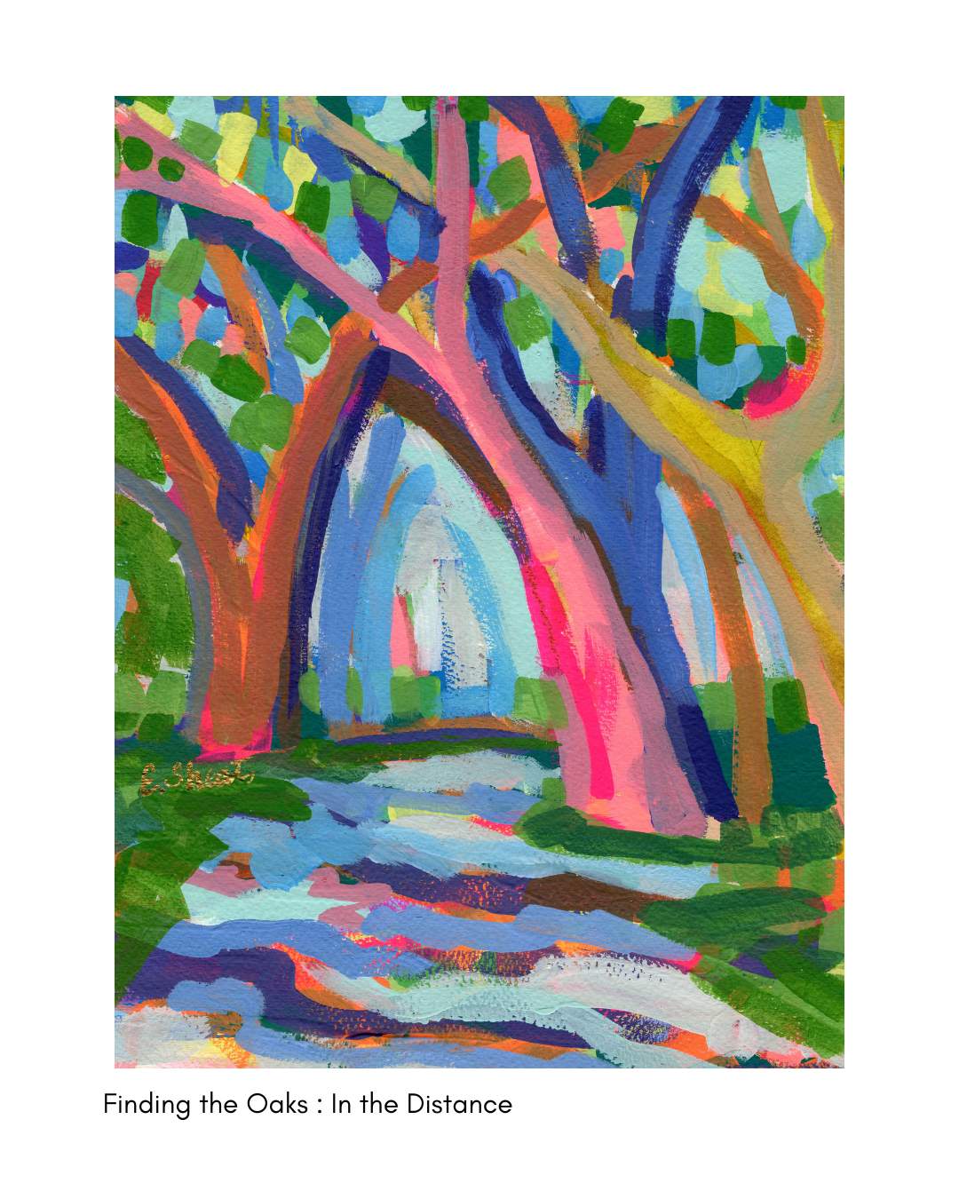 Colorful abstract live oak painting, original watercolor & acrylic by Elizabeth Sheats Art & Design.