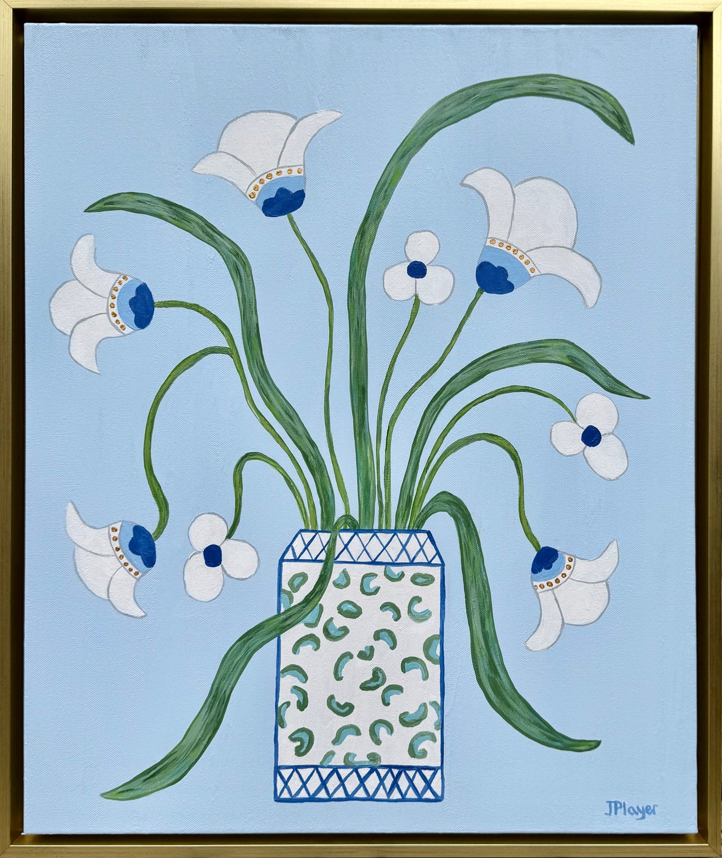 Original hand-painted artwork of white flowers in a gold float frame, creating a striking floral statement piece.