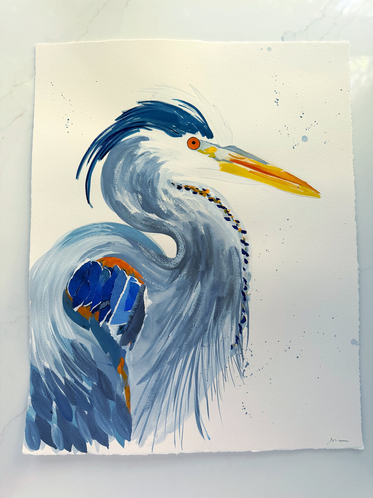 Watercolor painting of a Great Blue Heron in profile, capturing the contentment of the bird.