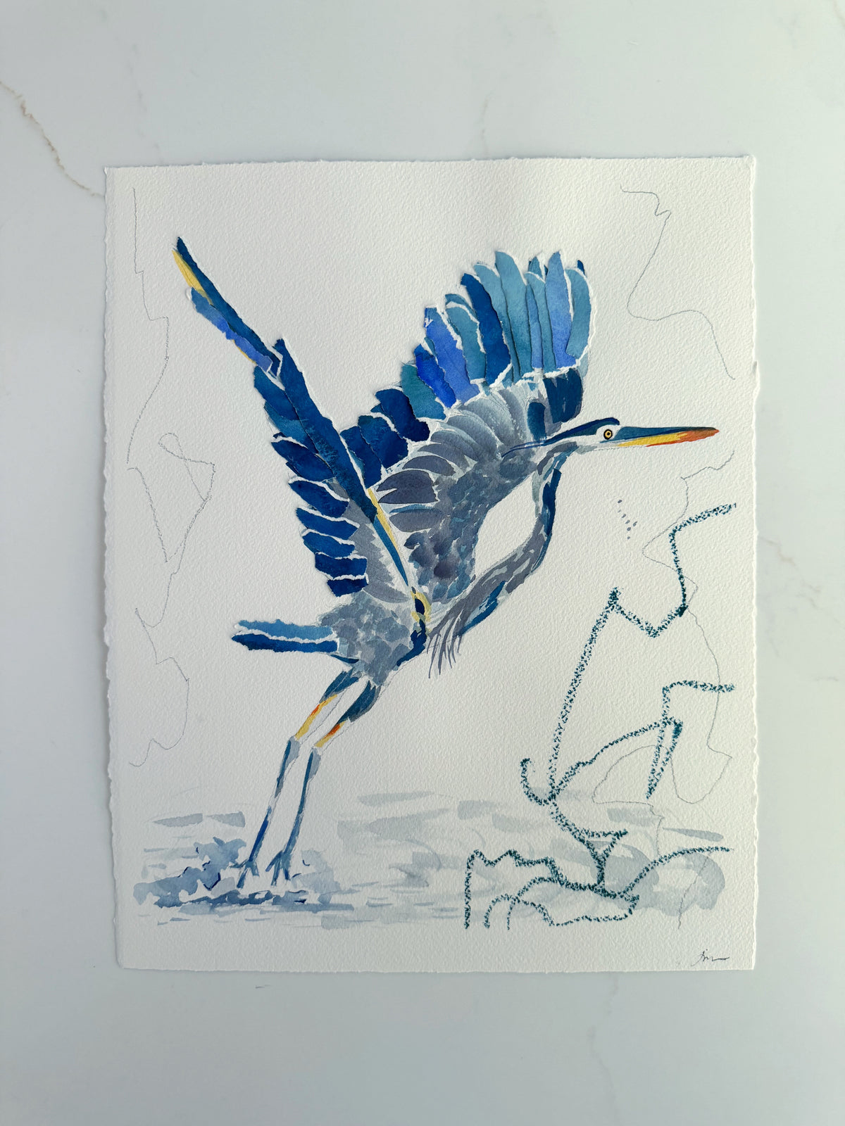 Watercolor painting of a Great Blue Heron in flight against a sketched background.