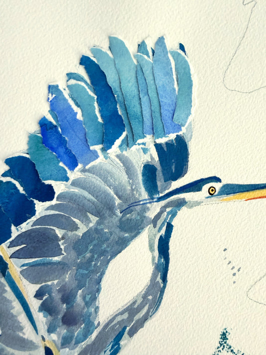 Watercolor painting of a Great Blue Heron featuring a textured, layered-paper crest that evokes a sense of contentment.