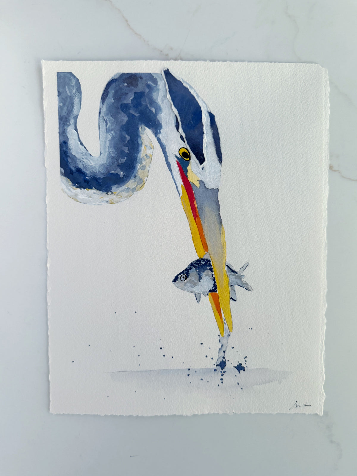 Watercolor painting of a Great Blue Heron holding a fish in its beak, capturing the contentment of the bird.