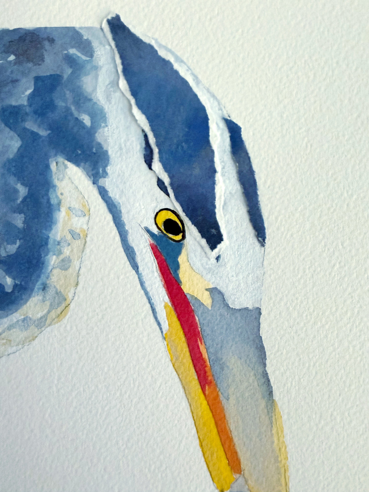 Watercolor painting of a Great Blue Heron head and neck in profile, radiating a sense of contentment.