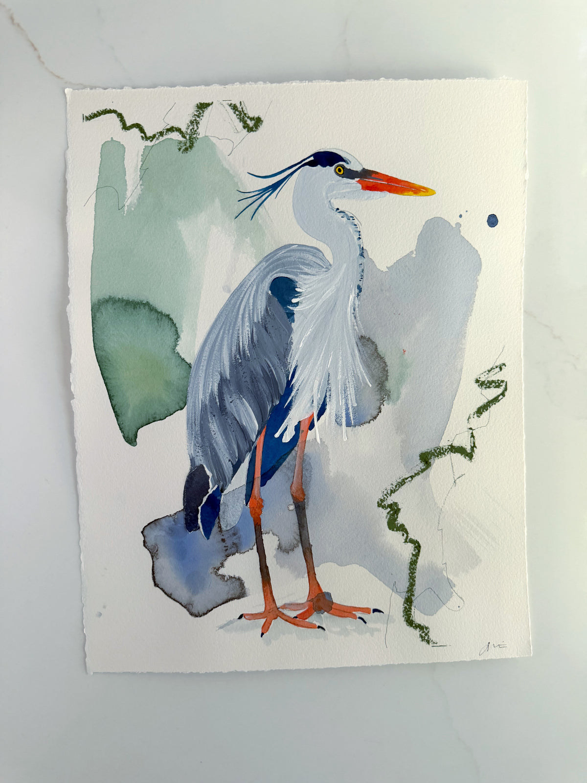 Watercolor of a content Great Blue Heron against an abstract green and grey background.