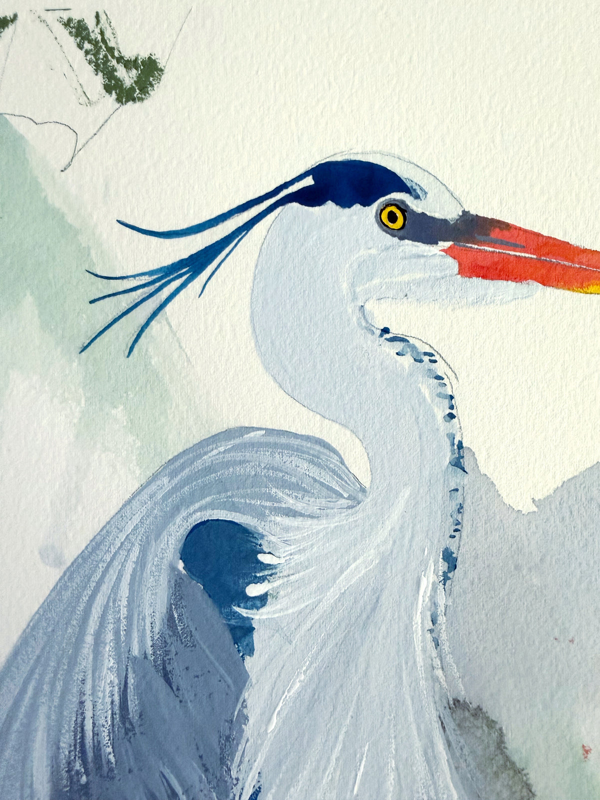 Watercolor painting of a Great Blue Heron in profile with a sharp orange beak and a distinct black crest.