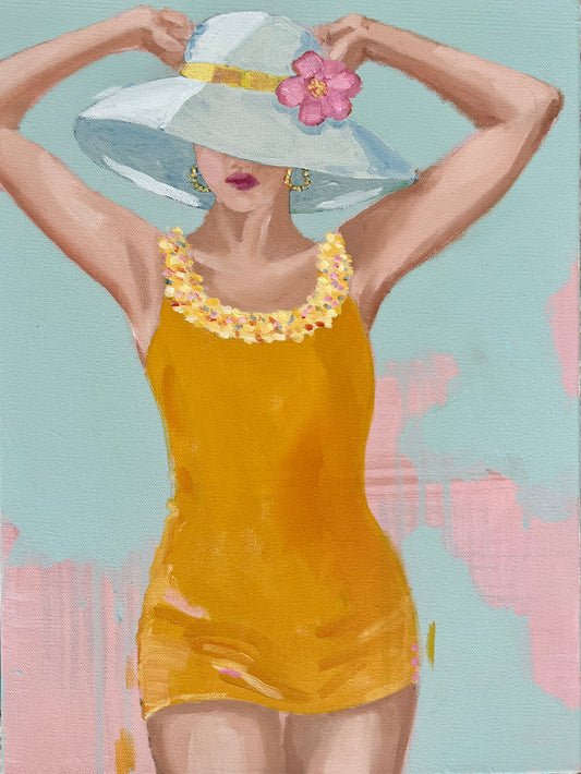 Woman in yellow swimsuit and white hat with pink flower stands before a pastel background, evoking dance art.