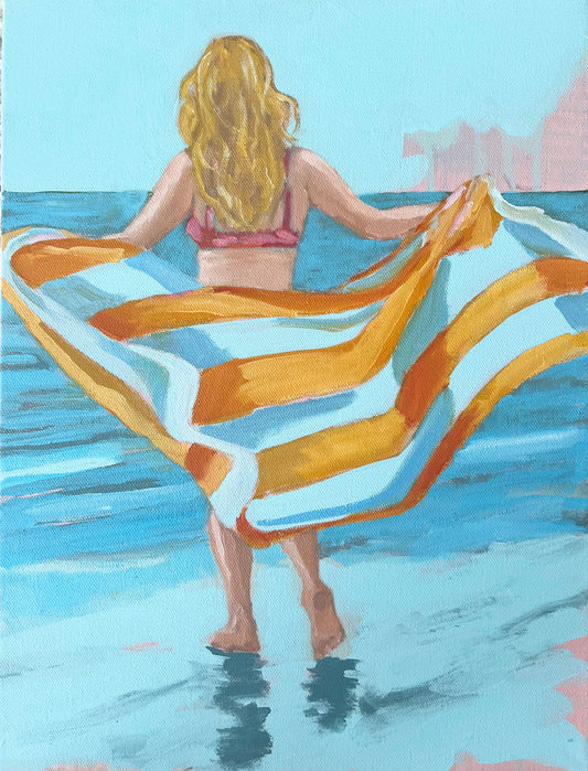 Woman with long blonde hair holds a striped towel at the ocean, perfect as 12x16 canvas beach wall art or oil painting.