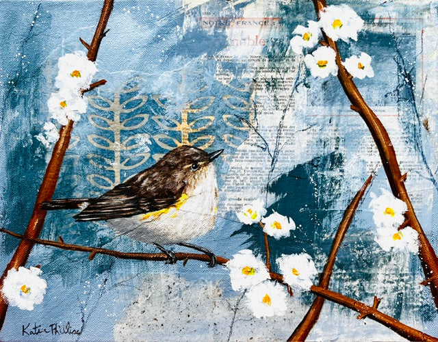 A small bird perches on a branch with white flowers, set against a garden art-inspired, textured collage background.