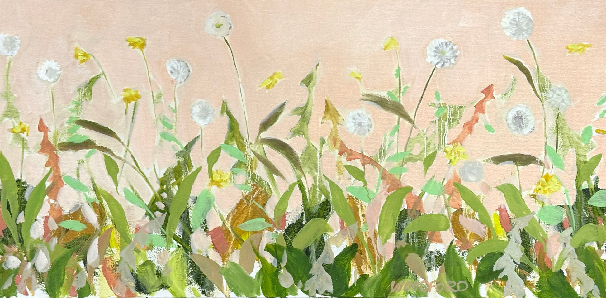 Modern floral art by Shannon Woodford with dandelions, yellow flowers, and green foliage on a soft peach background.