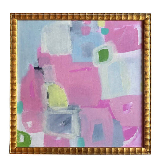 Framed acrylic painting by Kelsey Nichols Art with pink, blue, green & white abstract shapes in a gold frame.