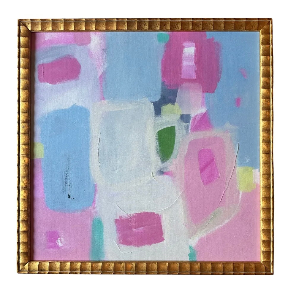 Kelsey Nichols Art framed acrylic painting with pastel blue, pink, white, green, and yellow blocks from the friendship series.
