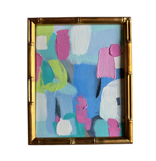 Abstract framed acrylic painting by Kelsey Nichols Art with bold blue, pink, green, and white brushstrokes—perfect wall decor.